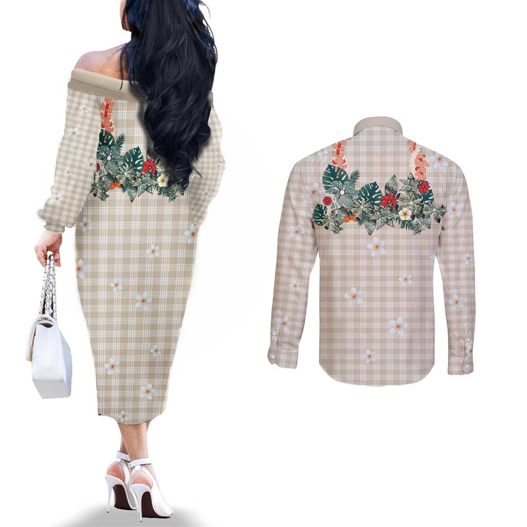 Brown Hawaiian Palaka Couples Matching Off The Shoulder Long Sleeve Dress and Long Sleeve Button Shirt Kukui Nut Money Lei LT9 - Polynesian Pride
