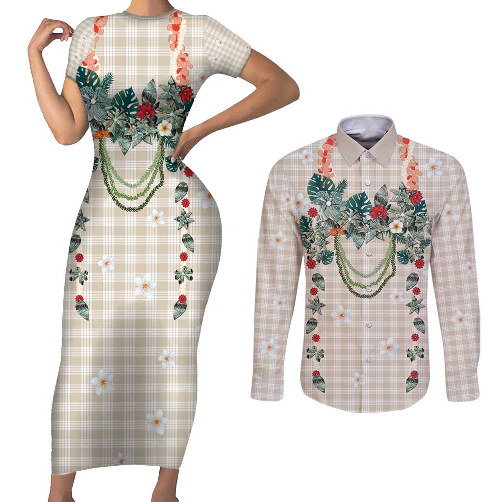 Brown Hawaiian Palaka Couples Matching Short Sleeve Bodycon Dress and Long Sleeve Button Shirt Kukui Nut Money Lei LT9 Brown - Polynesian Pride