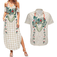 Brown Hawaiian Palaka Couples Matching Summer Maxi Dress and Hawaiian Shirt Kukui Nut Money Lei LT9 Brown - Polynesian Pride