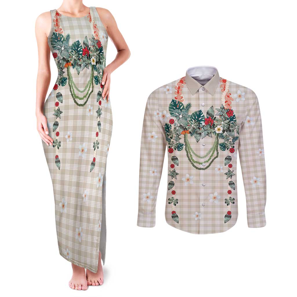Brown Hawaiian Palaka Couples Matching Tank Maxi Dress and Long Sleeve Button Shirt Kukui Nut Money Lei LT9 Brown - Polynesian Pride