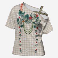 Brown Hawaiian Palaka Cross Shoulder Shirt Kukui Nut Money Lei LT9 Female Brown - Polynesian Pride
