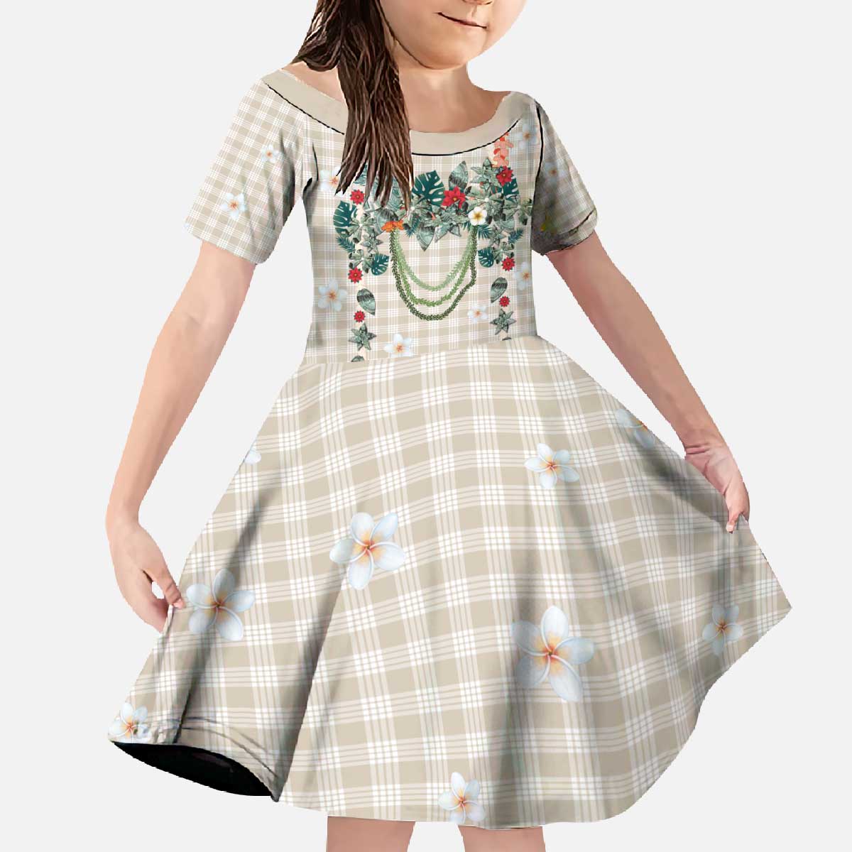 Brown Hawaiian Palaka Family Matching Off The Shoulder Long Sleeve Dress and Hawaiian Shirt Kukui Nut Money Lei LT9 Daughter's Dress Brown - Polynesian Pride
