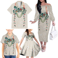 Brown Hawaiian Palaka Family Matching Off The Shoulder Long Sleeve Dress and Hawaiian Shirt Kukui Nut Money Lei LT9 - Polynesian Pride