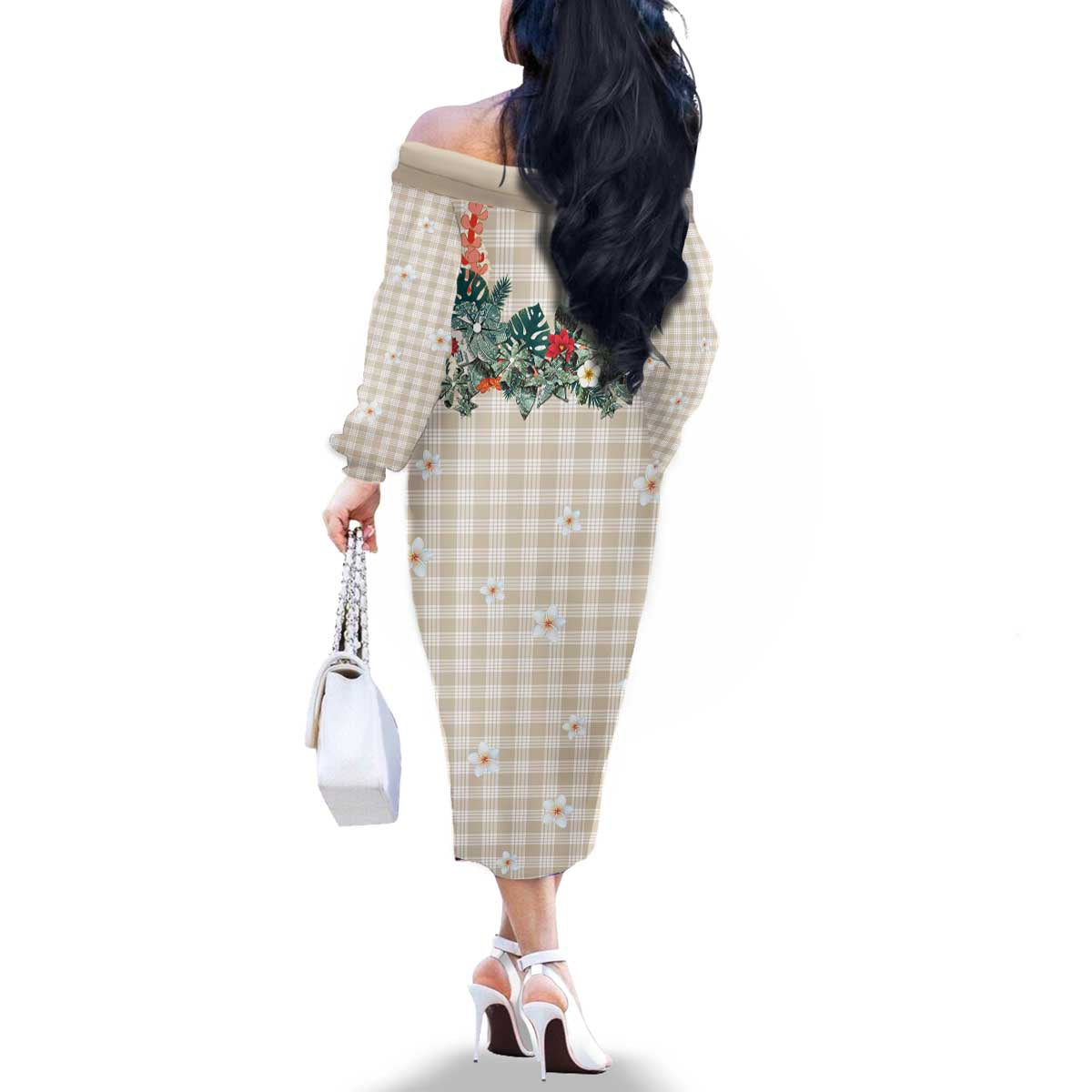 Brown Hawaiian Palaka Family Matching Off The Shoulder Long Sleeve Dress and Hawaiian Shirt Kukui Nut Money Lei LT9 - Polynesian Pride