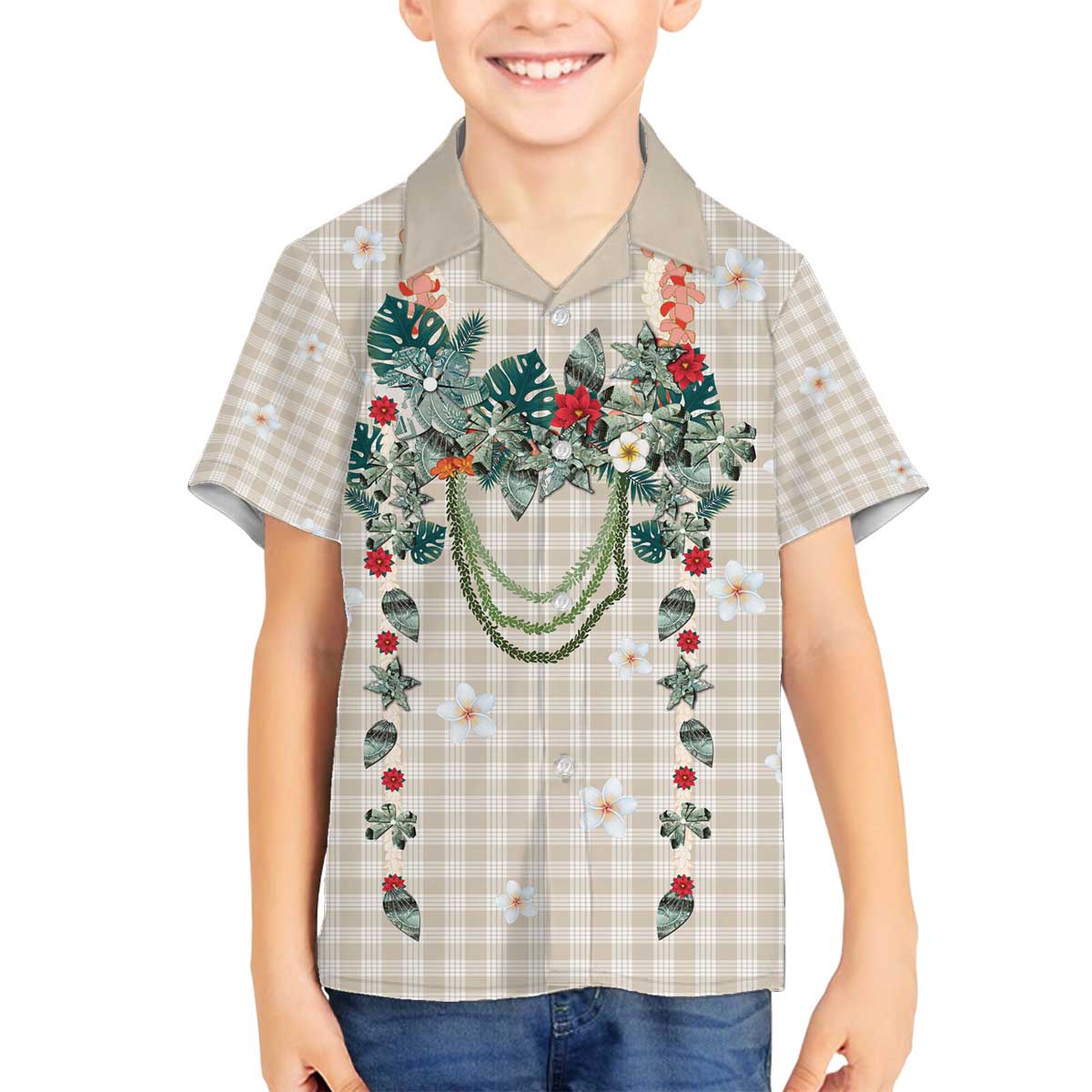 Brown Hawaiian Palaka Family Matching Off The Shoulder Long Sleeve Dress and Hawaiian Shirt Kukui Nut Money Lei LT9 Son's Shirt Brown - Polynesian Pride