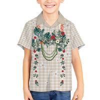 Brown Hawaiian Palaka Family Matching Off The Shoulder Long Sleeve Dress and Hawaiian Shirt Kukui Nut Money Lei LT9 Son's Shirt Brown - Polynesian Pride