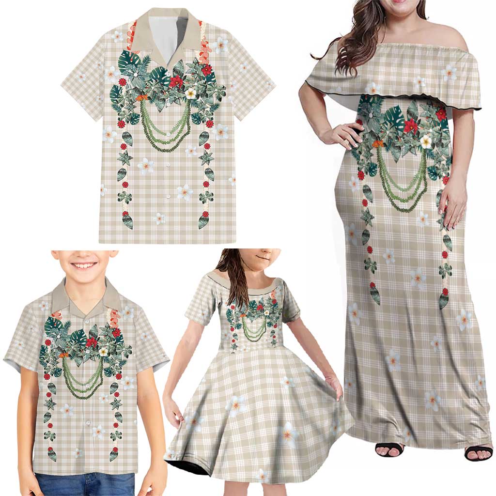 Brown Hawaiian Palaka Family Matching Off Shoulder Maxi Dress and Hawaiian Shirt Kukui Nut Money Lei LT9 - Polynesian Pride