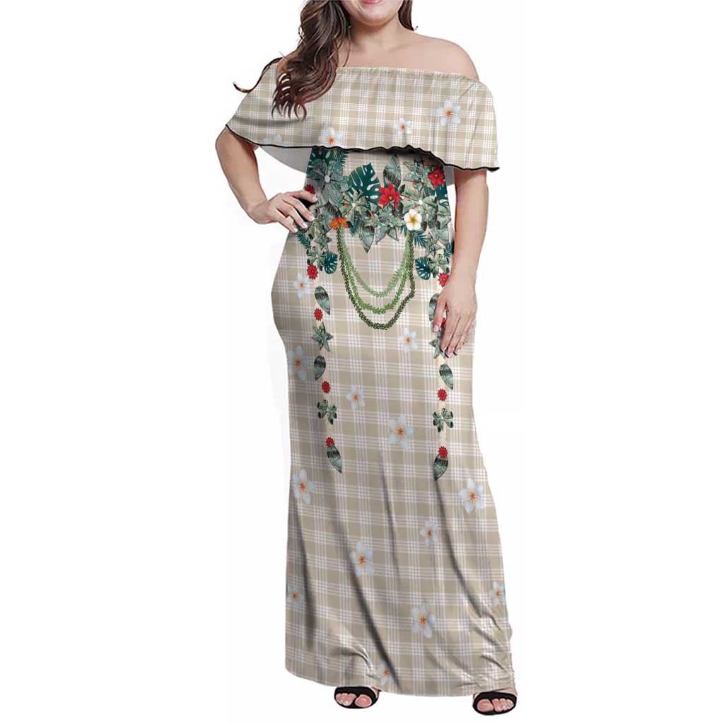 Brown Hawaiian Palaka Family Matching Off Shoulder Maxi Dress and Hawaiian Shirt Kukui Nut Money Lei LT9 Mom's Dress Brown - Polynesian Pride