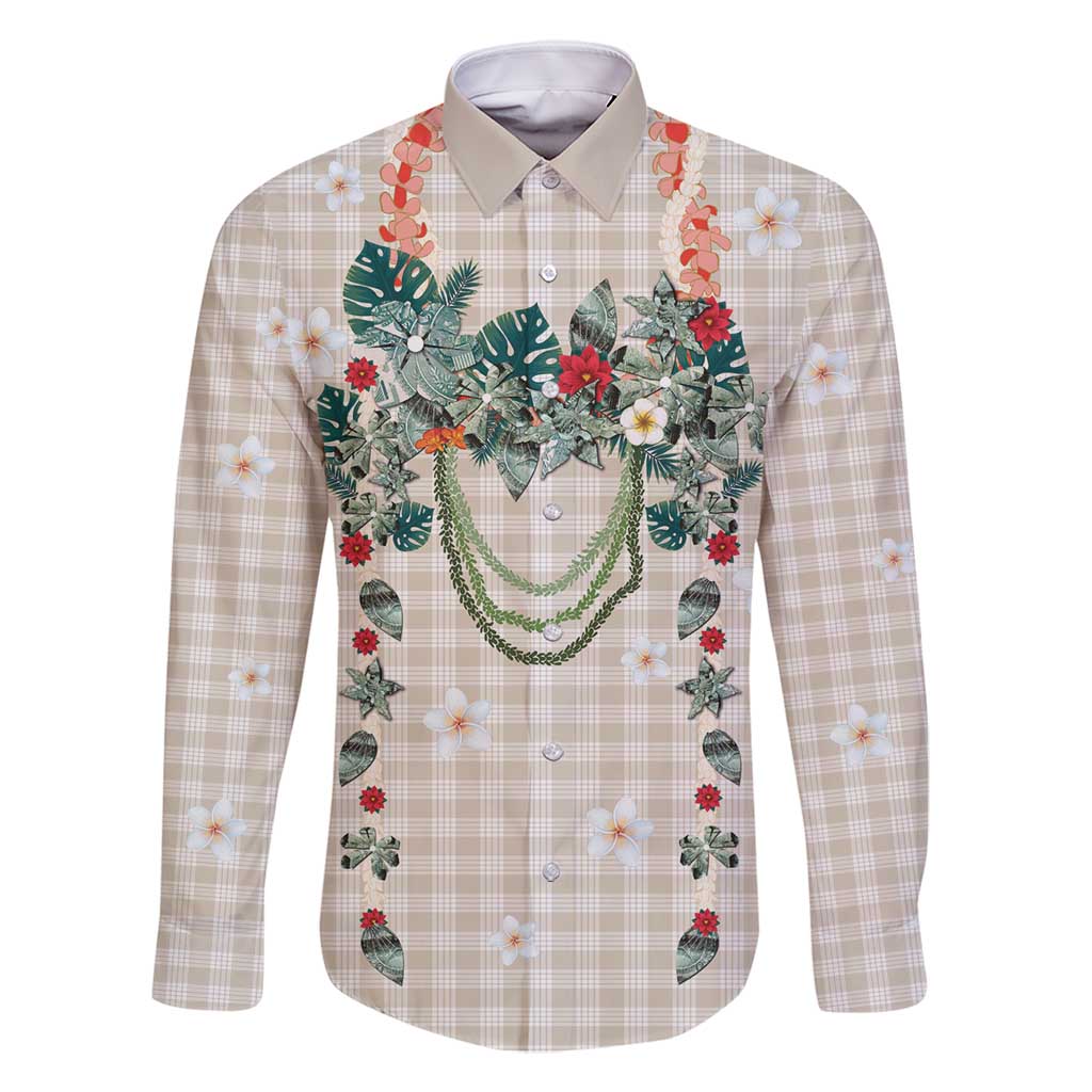Brown Hawaiian Palaka Family Matching Off Shoulder Short Dress and Hawaiian Shirt Kukui Nut Money Lei LT9 Dad's Shirt - Long Sleeve Brown - Polynesian Pride