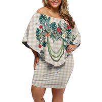 Brown Hawaiian Palaka Family Matching Off Shoulder Short Dress and Hawaiian Shirt Kukui Nut Money Lei LT9 Mom's Dress Brown - Polynesian Pride