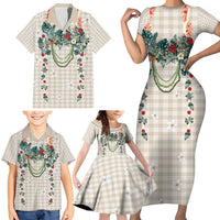 Brown Hawaiian Palaka Family Matching Short Sleeve Bodycon Dress and Hawaiian Shirt Kukui Nut Money Lei LT9 - Polynesian Pride