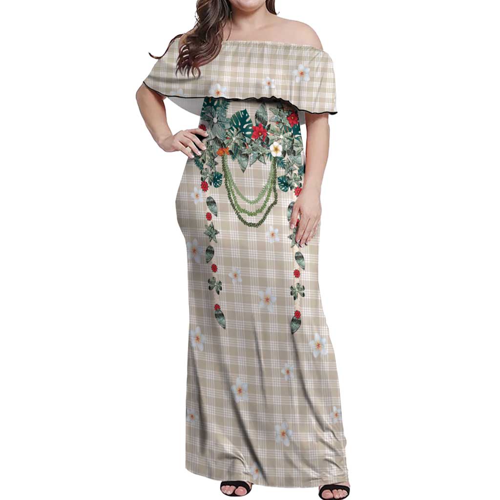 Brown Hawaiian Palaka Off Shoulder Maxi Dress Kukui Nut Money Lei - Polynesian Pride