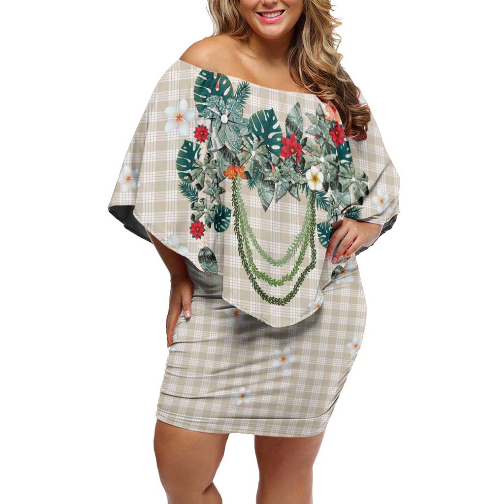 Brown Hawaiian Palaka Off Shoulder Short Dress Kukui Nut Money Lei - Polynesian Pride