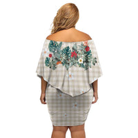 Brown Hawaiian Palaka Off Shoulder Short Dress Kukui Nut Money Lei - Polynesian Pride