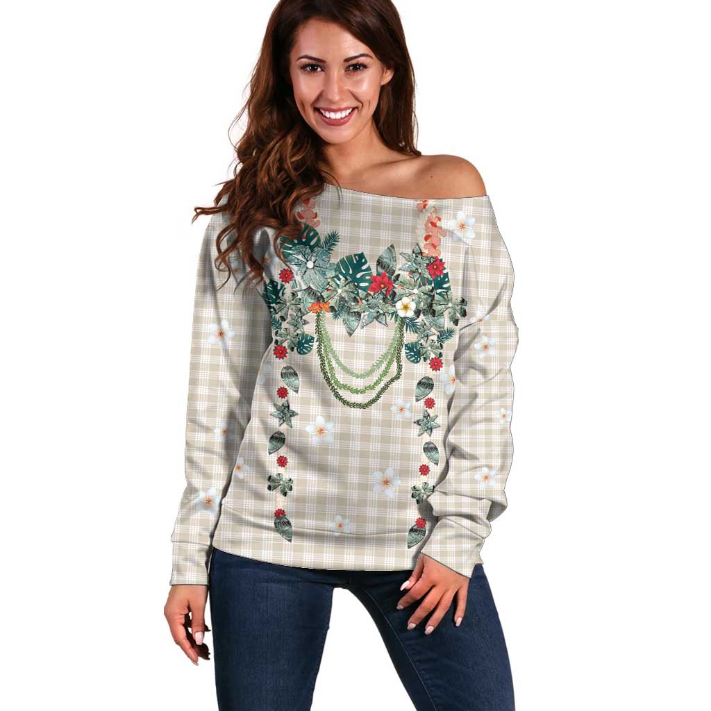 Brown Hawaiian Palaka Off Shoulder Sweater Kukui Nut Money Lei - Polynesian Pride