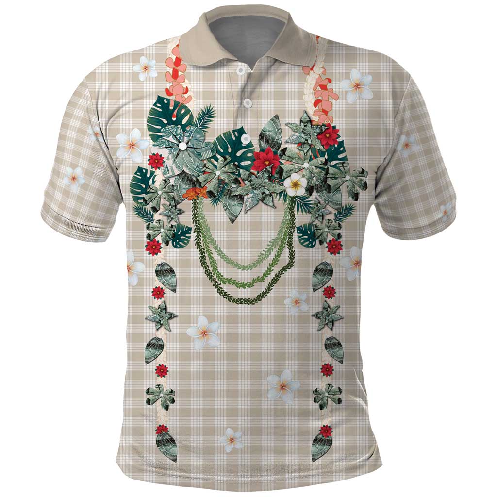 Brown Hawaiian Palaka Polo Shirt Kukui Nut Money Lei - Polynesian Pride