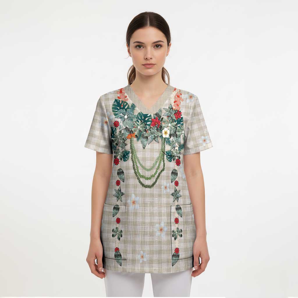 Brown Hawaiian Palaka Scrub Top Kukui Nut Money Lei - Polynesian Pride