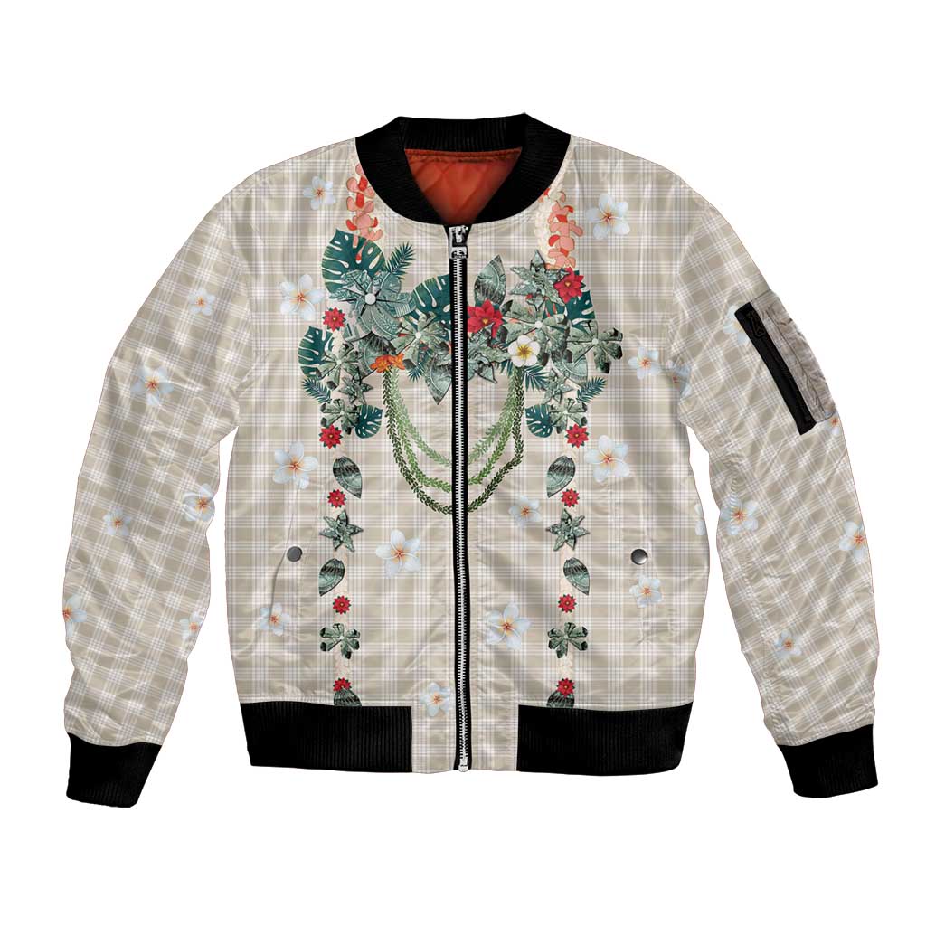 Brown Hawaiian Palaka Sleeve Zip Bomber Jacket Kukui Nut Money Lei - Polynesian Pride