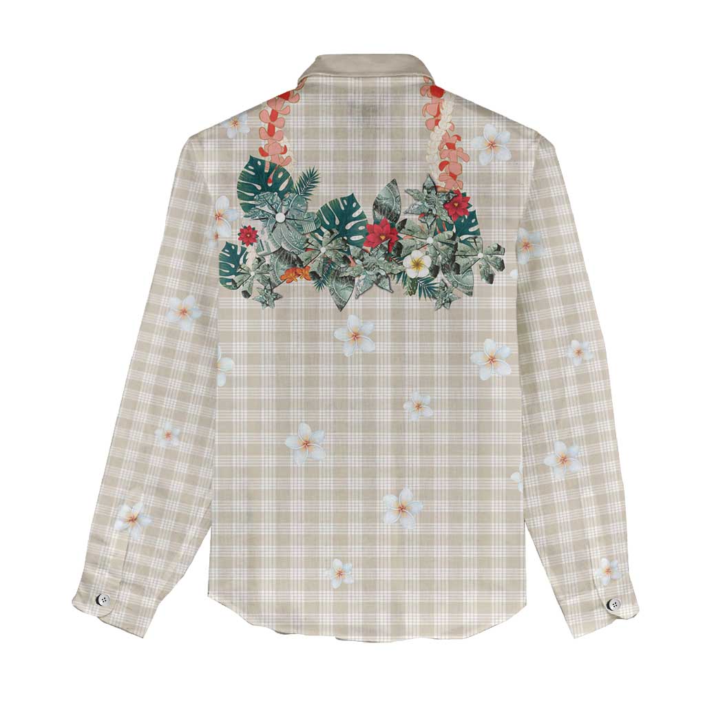 Brown Hawaiian Palaka Women Casual Shirt Kukui Nut Money Lei - Polynesian Pride