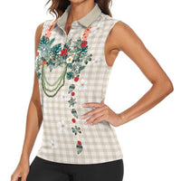 Brown Hawaiian Palaka Women Sleeveless Polo Shirt Kukui Nut Money Lei LT9 - Polynesian Pride