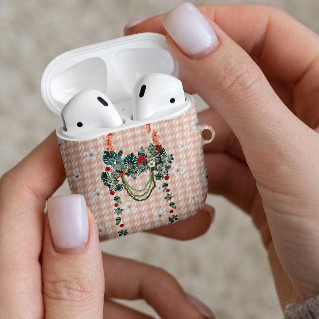 Peach Hawaiian Palaka AirPods Case Kukui Nut Money Lei - Polynesian Pride