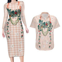 Peach Hawaiian Palaka Couples Matching Long Sleeve Bodycon Dress and Hawaiian Shirt Kukui Nut Money Lei LT9 Peach - Polynesian Pride