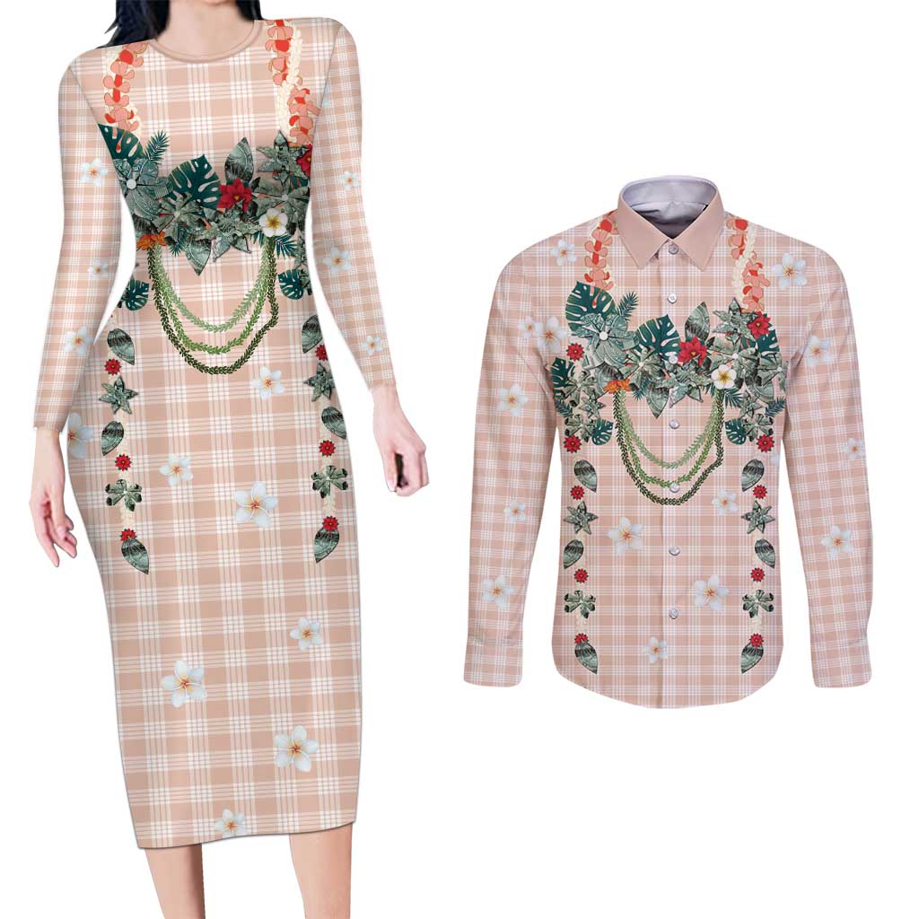Peach Hawaiian Palaka Couples Matching Long Sleeve Bodycon Dress and Long Sleeve Button Shirt Kukui Nut Money Lei LT9 Peach - Polynesian Pride