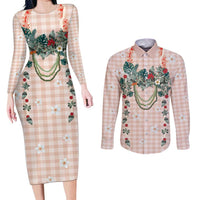 Peach Hawaiian Palaka Couples Matching Long Sleeve Bodycon Dress and Long Sleeve Button Shirt Kukui Nut Money Lei LT9 Peach - Polynesian Pride