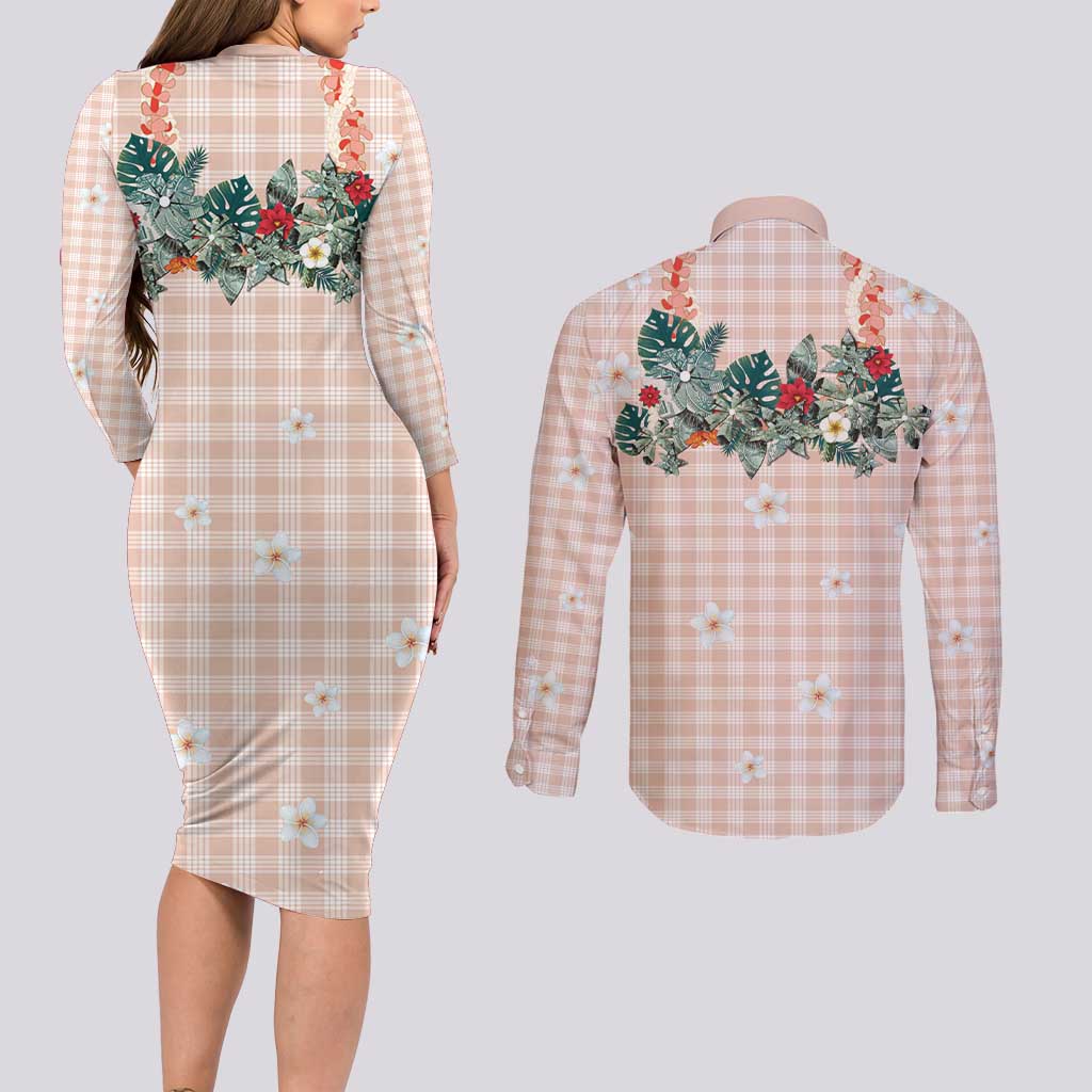 Peach Hawaiian Palaka Couples Matching Long Sleeve Bodycon Dress and Long Sleeve Button Shirt Kukui Nut Money Lei LT9 - Polynesian Pride