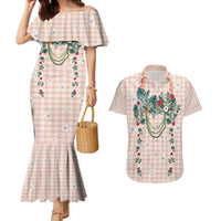 Peach Hawaiian Palaka Couples Matching Mermaid Dress and Hawaiian Shirt Kukui Nut Money Lei LT9 Peach - Polynesian Pride