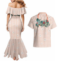 Peach Hawaiian Palaka Couples Matching Mermaid Dress and Hawaiian Shirt Kukui Nut Money Lei LT9 - Polynesian Pride