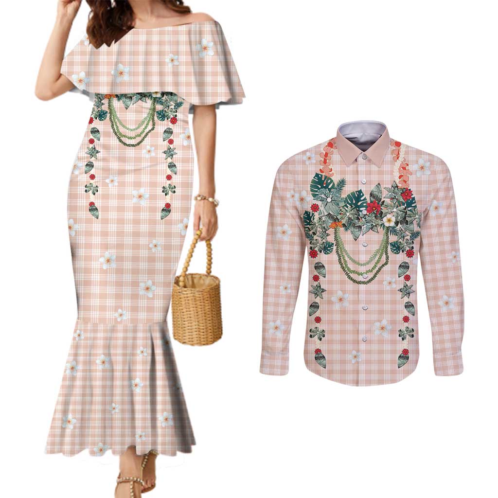 Peach Hawaiian Palaka Couples Matching Mermaid Dress and Long Sleeve Button Shirt Kukui Nut Money Lei LT9 Peach - Polynesian Pride