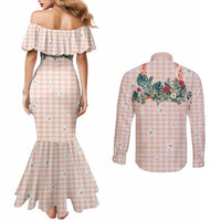 Peach Hawaiian Palaka Couples Matching Mermaid Dress and Long Sleeve Button Shirt Kukui Nut Money Lei LT9 - Polynesian Pride