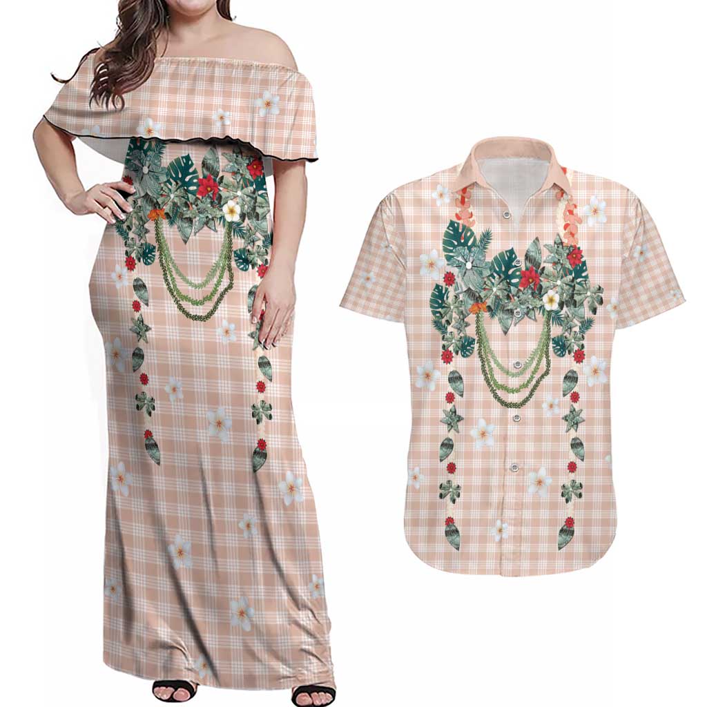 Peach Hawaiian Palaka Couples Matching Off Shoulder Maxi Dress and Hawaiian Shirt Kukui Nut Money Lei LT9 Peach - Polynesian Pride