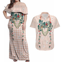 Peach Hawaiian Palaka Couples Matching Off Shoulder Maxi Dress and Hawaiian Shirt Kukui Nut Money Lei LT9 Peach - Polynesian Pride
