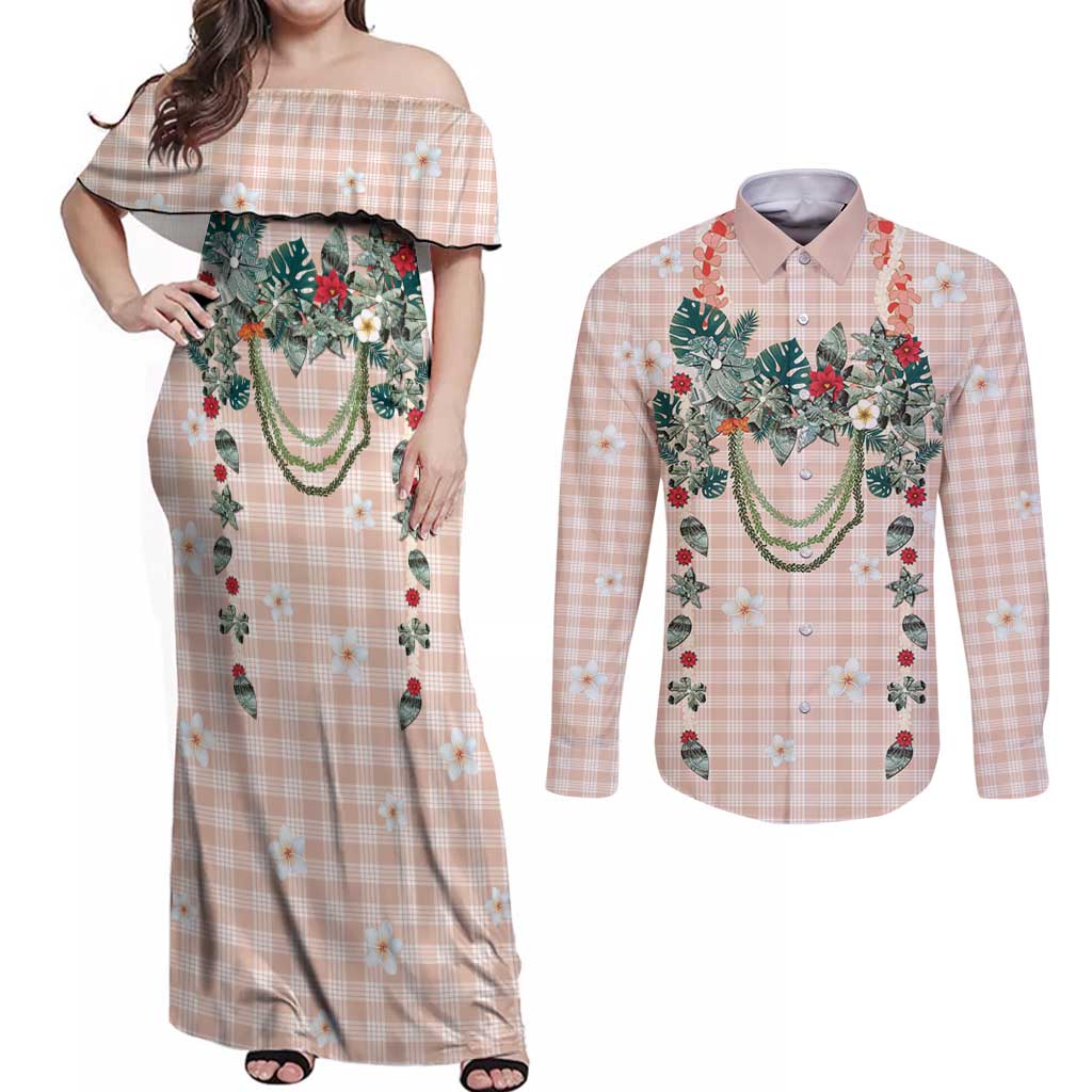 Peach Hawaiian Palaka Couples Matching Off Shoulder Maxi Dress and Long Sleeve Button Shirt Kukui Nut Money Lei LT9 Peach - Polynesian Pride