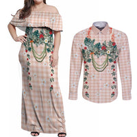 Peach Hawaiian Palaka Couples Matching Off Shoulder Maxi Dress and Long Sleeve Button Shirt Kukui Nut Money Lei LT9 Peach - Polynesian Pride