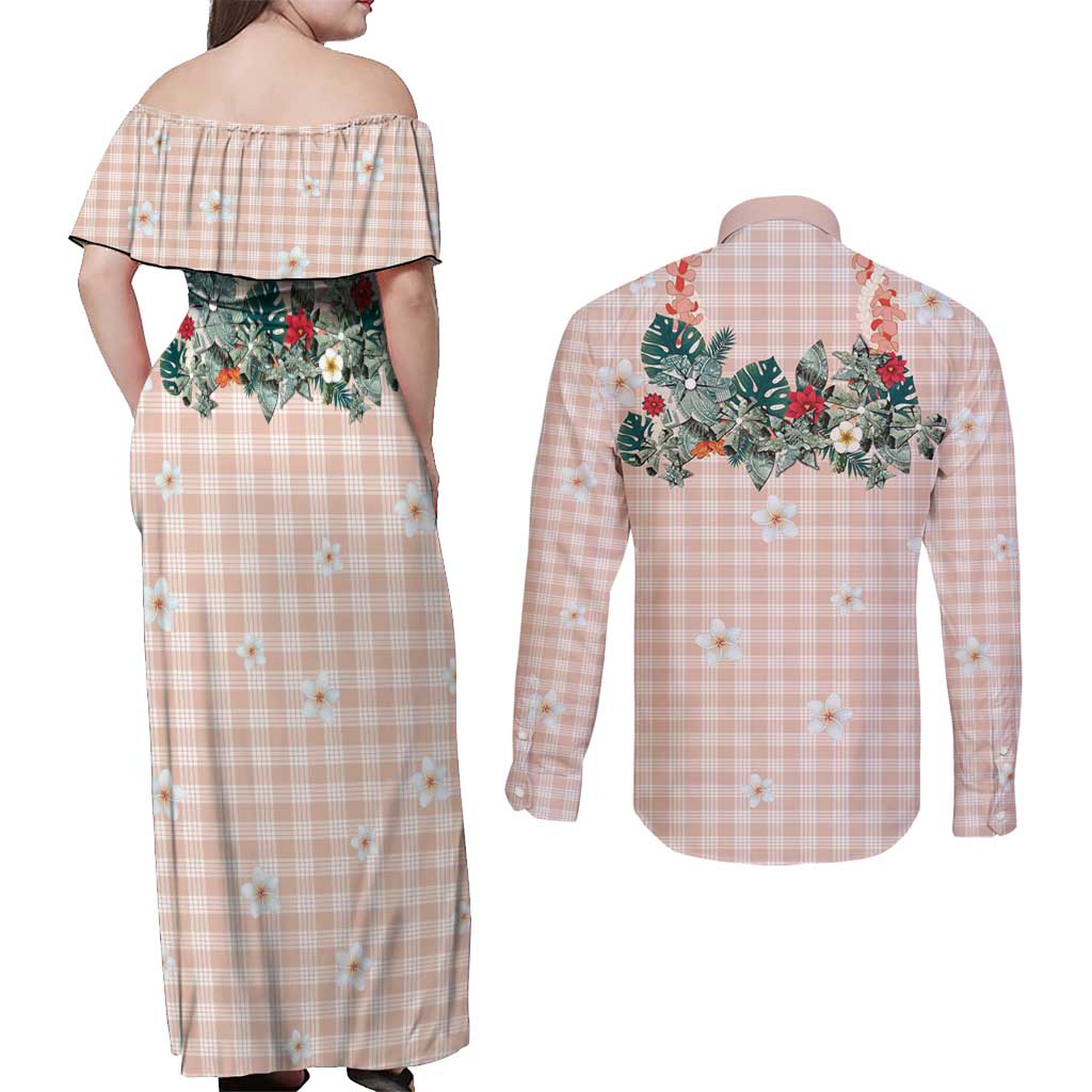 Peach Hawaiian Palaka Couples Matching Off Shoulder Maxi Dress and Long Sleeve Button Shirt Kukui Nut Money Lei LT9 - Polynesian Pride