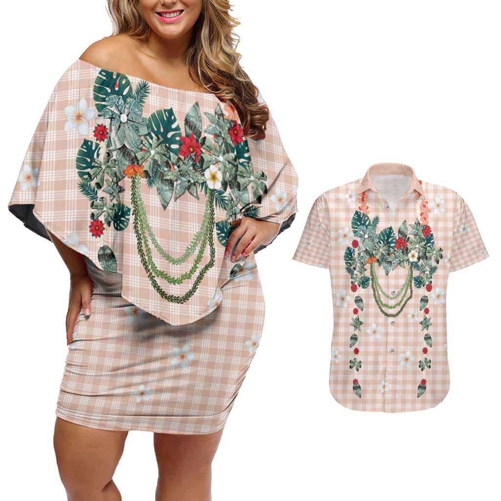 Peach Hawaiian Palaka Couples Matching Off Shoulder Short Dress and Hawaiian Shirt Kukui Nut Money Lei LT9 Peach - Polynesian Pride