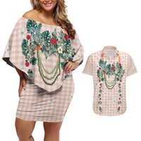 Peach Hawaiian Palaka Couples Matching Off Shoulder Short Dress and Hawaiian Shirt Kukui Nut Money Lei LT9 Peach - Polynesian Pride