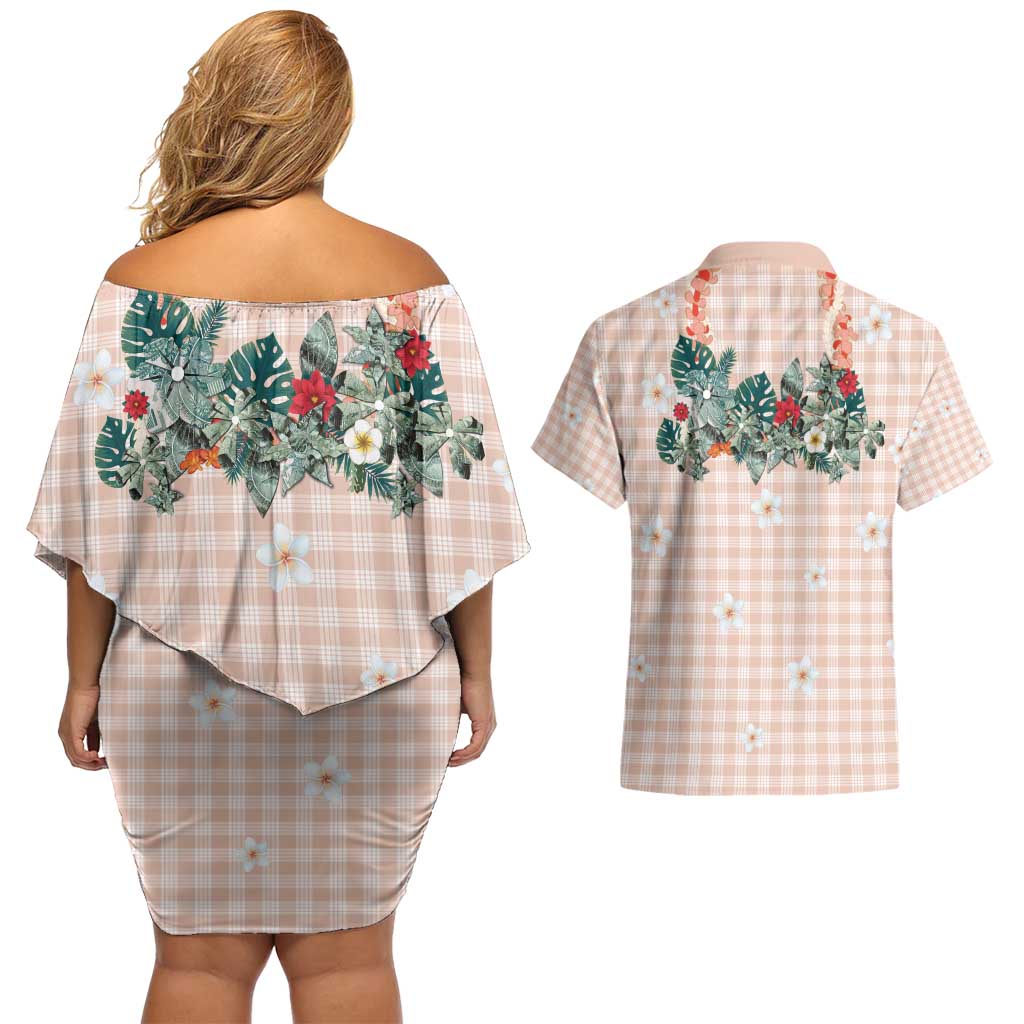 Peach Hawaiian Palaka Couples Matching Off Shoulder Short Dress and Hawaiian Shirt Kukui Nut Money Lei LT9 - Polynesian Pride