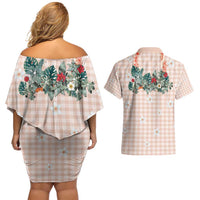 Peach Hawaiian Palaka Couples Matching Off Shoulder Short Dress and Hawaiian Shirt Kukui Nut Money Lei LT9 - Polynesian Pride