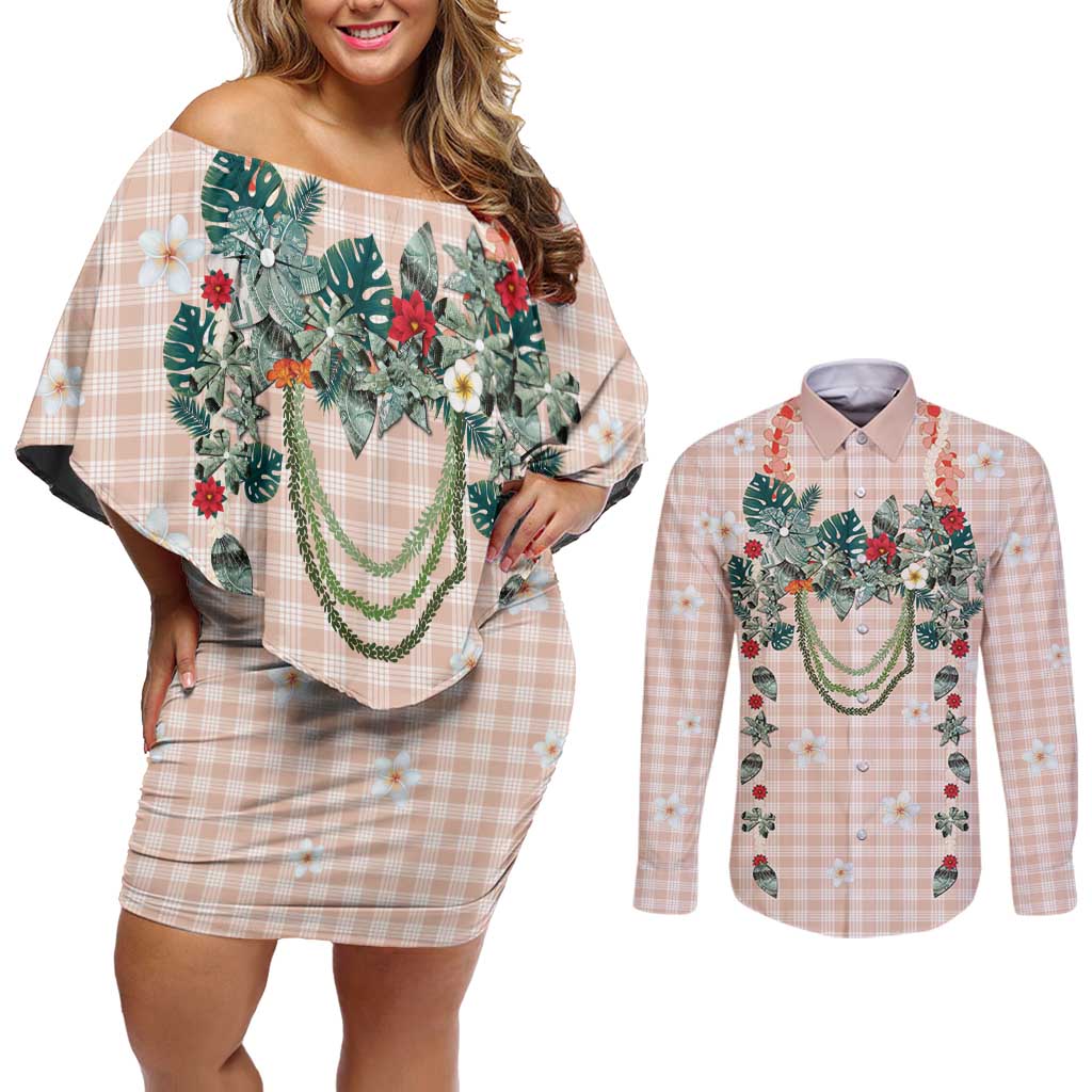 Peach Hawaiian Palaka Couples Matching Off Shoulder Short Dress and Long Sleeve Button Shirt Kukui Nut Money Lei LT9 Peach - Polynesian Pride