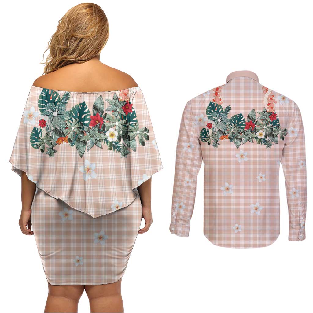 Peach Hawaiian Palaka Couples Matching Off Shoulder Short Dress and Long Sleeve Button Shirt Kukui Nut Money Lei LT9 - Polynesian Pride
