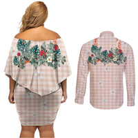 Peach Hawaiian Palaka Couples Matching Off Shoulder Short Dress and Long Sleeve Button Shirt Kukui Nut Money Lei LT9 - Polynesian Pride