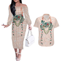 Peach Hawaiian Palaka Couples Matching Off The Shoulder Long Sleeve Dress and Hawaiian Shirt Kukui Nut Money Lei LT9 Peach - Polynesian Pride