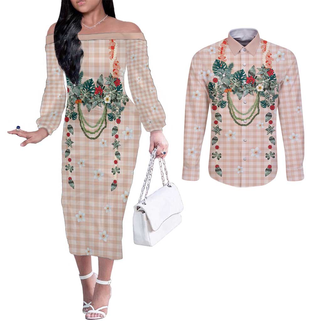 Peach Hawaiian Palaka Couples Matching Off The Shoulder Long Sleeve Dress and Long Sleeve Button Shirt Kukui Nut Money Lei LT9 Peach - Polynesian Pride
