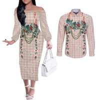 Peach Hawaiian Palaka Couples Matching Off The Shoulder Long Sleeve Dress and Long Sleeve Button Shirt Kukui Nut Money Lei LT9 Peach - Polynesian Pride