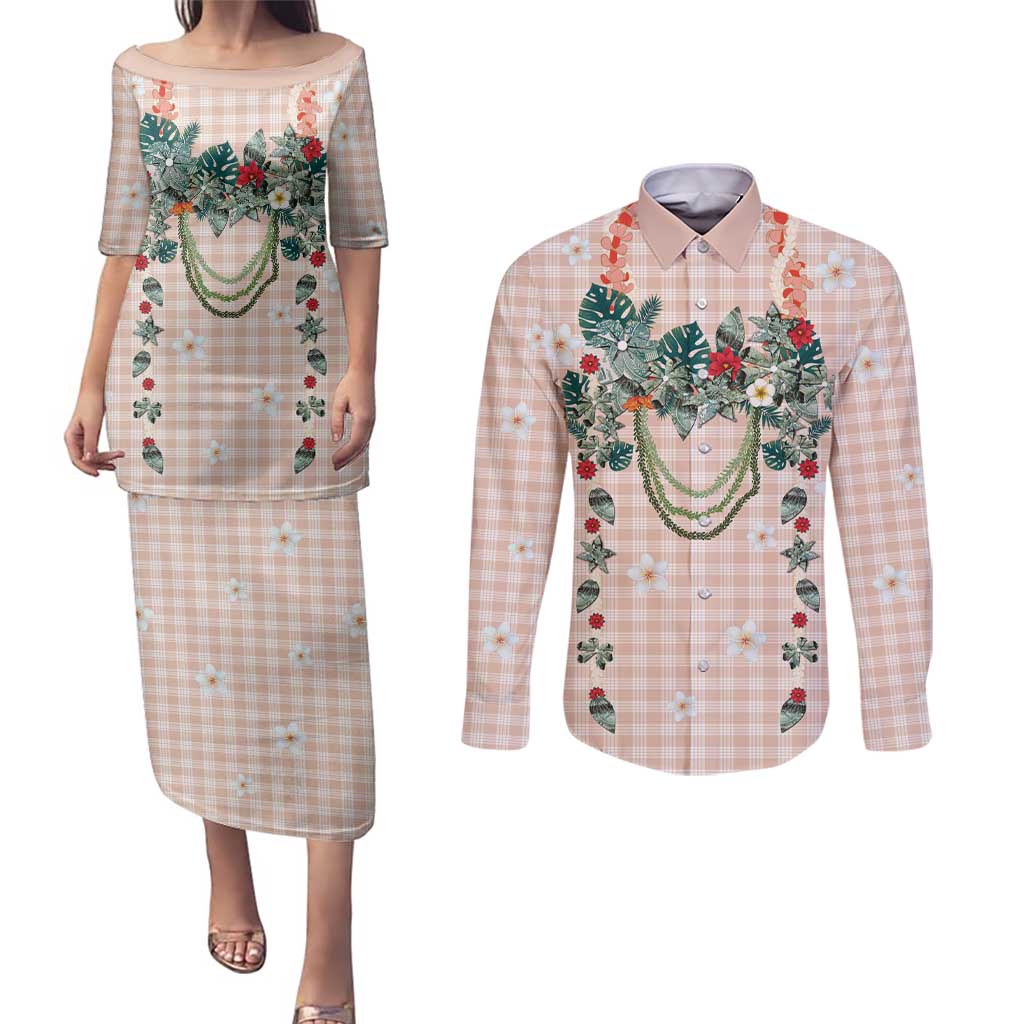 Peach Hawaiian Palaka Couples Matching Puletasi and Long Sleeve Button Shirt Kukui Nut Money Lei LT9 Peach - Polynesian Pride