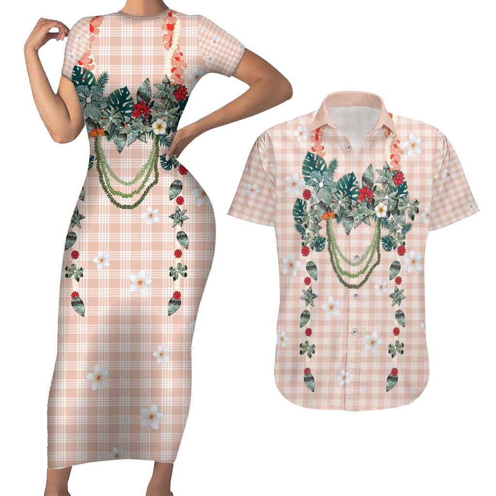 Peach Hawaiian Palaka Couples Matching Short Sleeve Bodycon Dress and Hawaiian Shirt Kukui Nut Money Lei LT9 Peach - Polynesian Pride